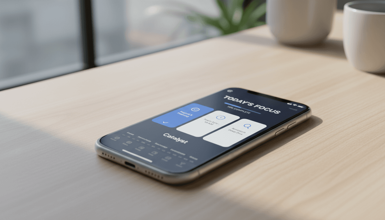 iPhone with modern app on screen in natural lighting.